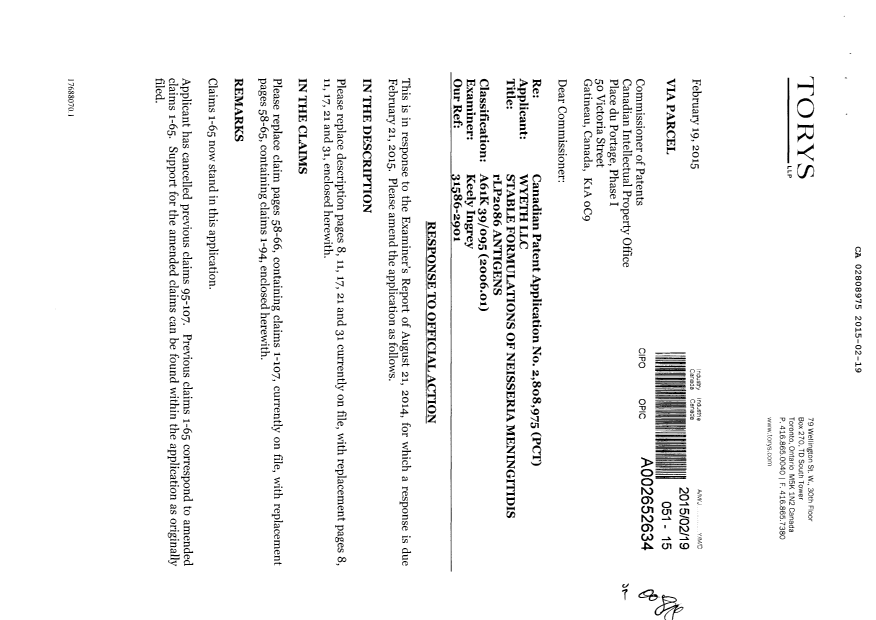 Canadian Patent Document 2808975. Prosecution-Amendment 20150219. Image 1 of 18