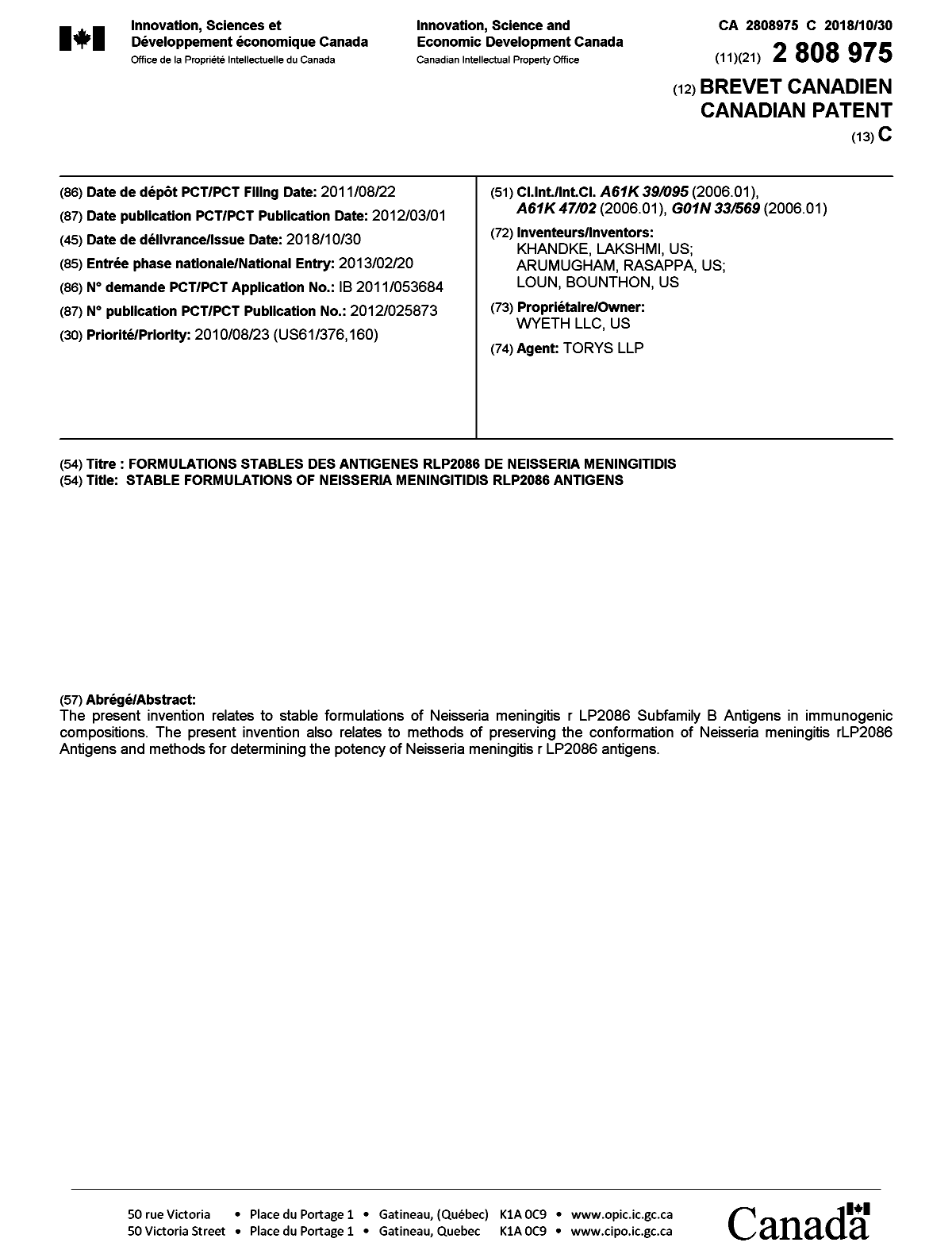 Document de brevet canadien 2808975. Page couverture 20181001. Image 1 de 1