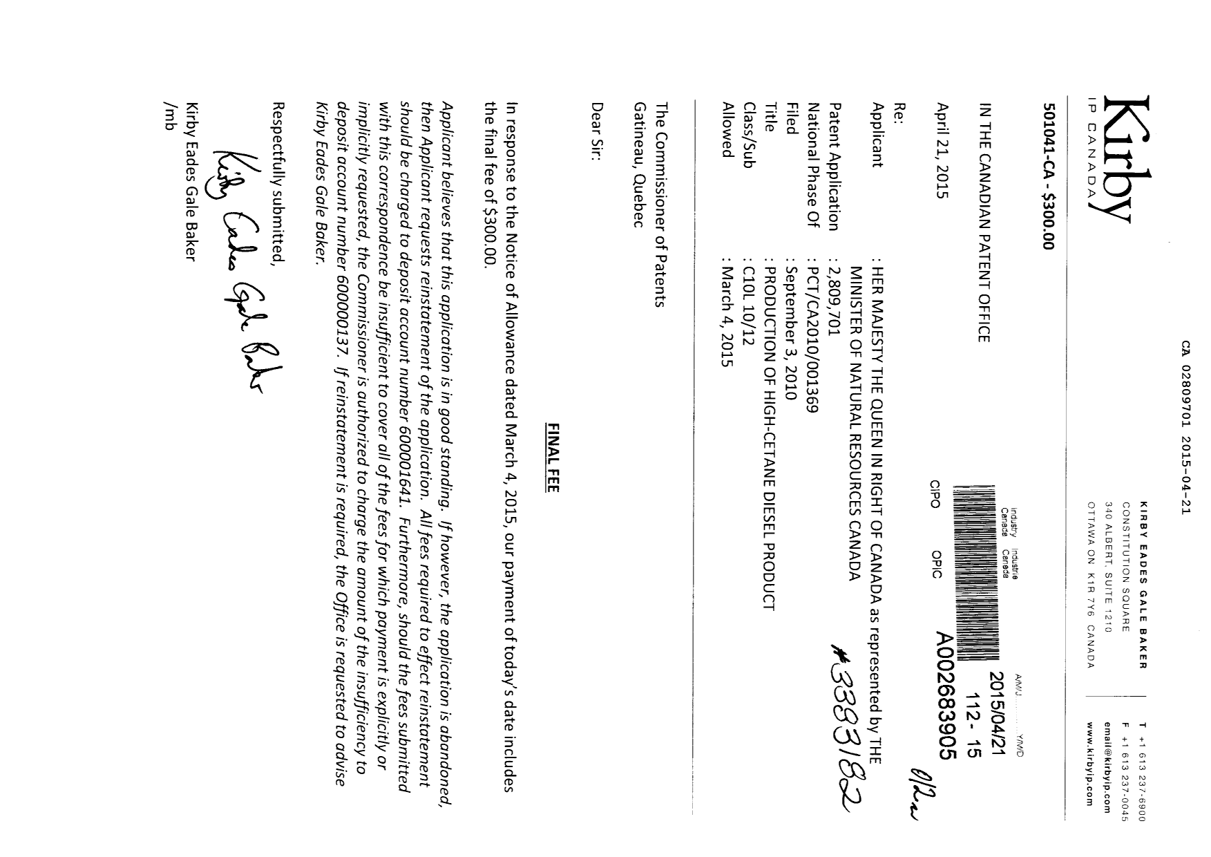 Document de brevet canadien 2809701. Correspondance 20141221. Image 1 de 1