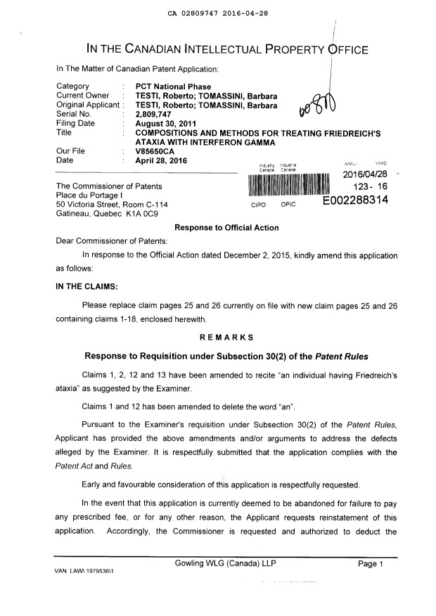 Canadian Patent Document 2809747. Amendment 20160428. Image 1 of 4