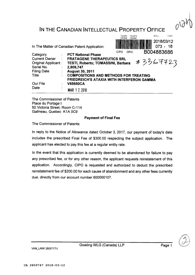 Canadian Patent Document 2809747. Final Fee 20180312. Image 1 of 2