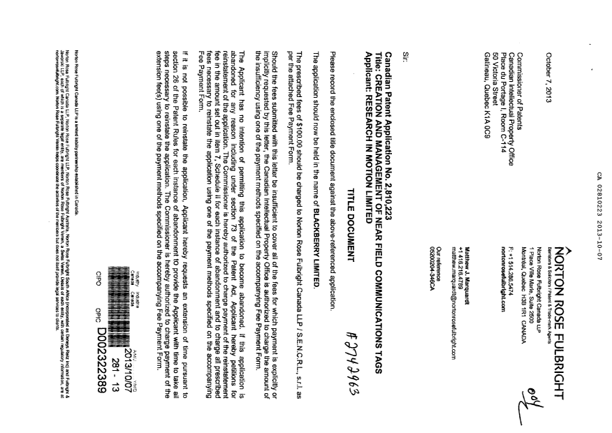 Document de brevet canadien 2810223. Cession 20131007. Image 1 de 6