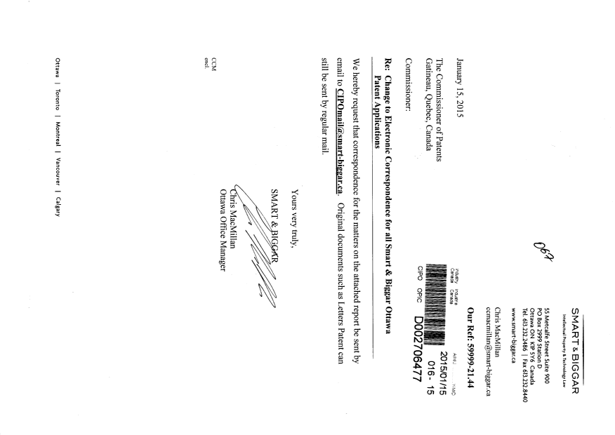 Document de brevet canadien 2811592. Correspondance 20141215. Image 1 de 2