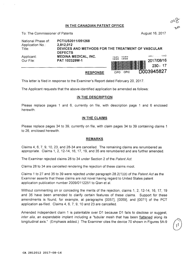 Document de brevet canadien 2812012. Modification 20170816. Image 1 de 11