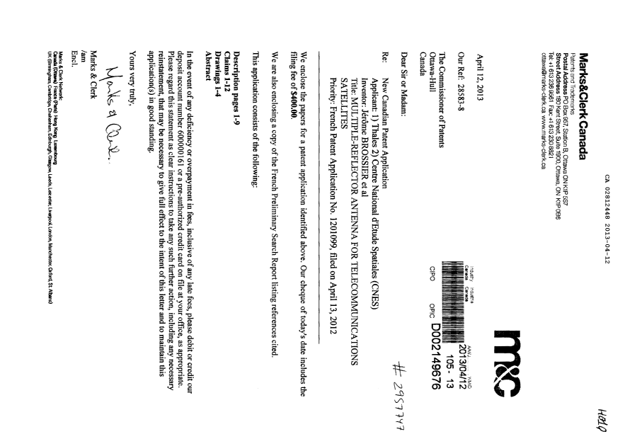 Document de brevet canadien 2812448. Cession 20130412. Image 1 de 4