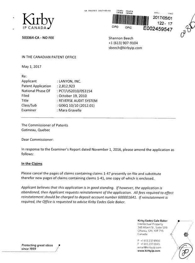Canadian Patent Document 2812923. Amendment 20170501. Image 1 of 20