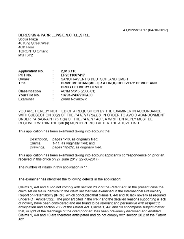 Document de brevet canadien 2813116. Demande d'examen 20171004. Image 1 de 3