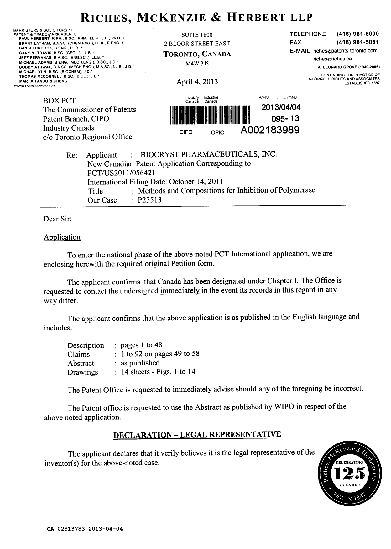 Document de brevet canadien 2813783. Cession 20130404. Image 1 de 4