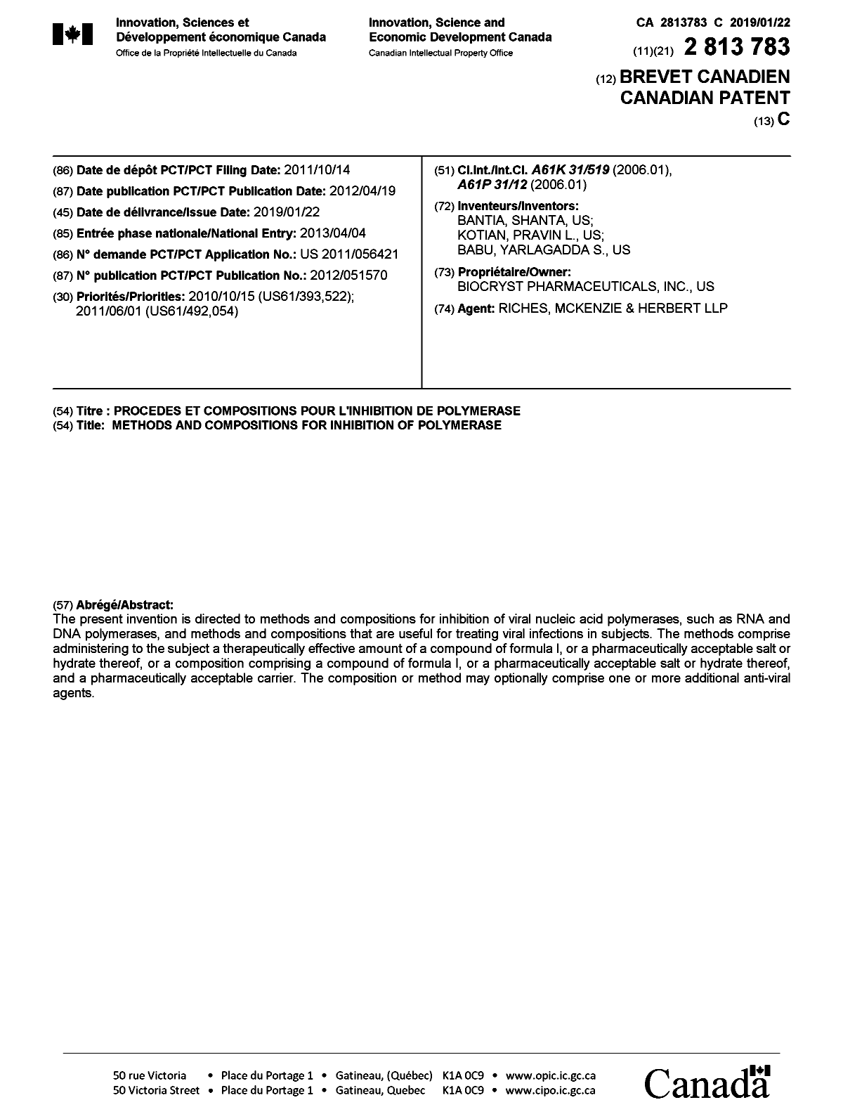 Document de brevet canadien 2813783. Page couverture 20190102. Image 1 de 1
