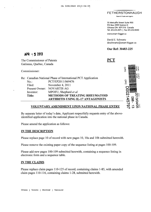 Canadian Patent Document 2813849. Prosecution-Amendment 20130405. Image 1 of 24