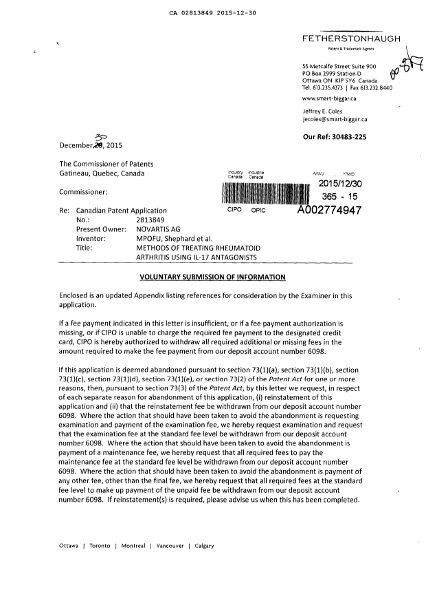 Canadian Patent Document 2813849. Amendment 20151230. Image 1 of 2