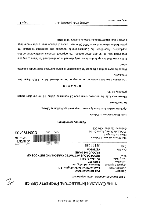 Canadian Patent Document 2813907. Amendment 20160811. Image 1 of 3
