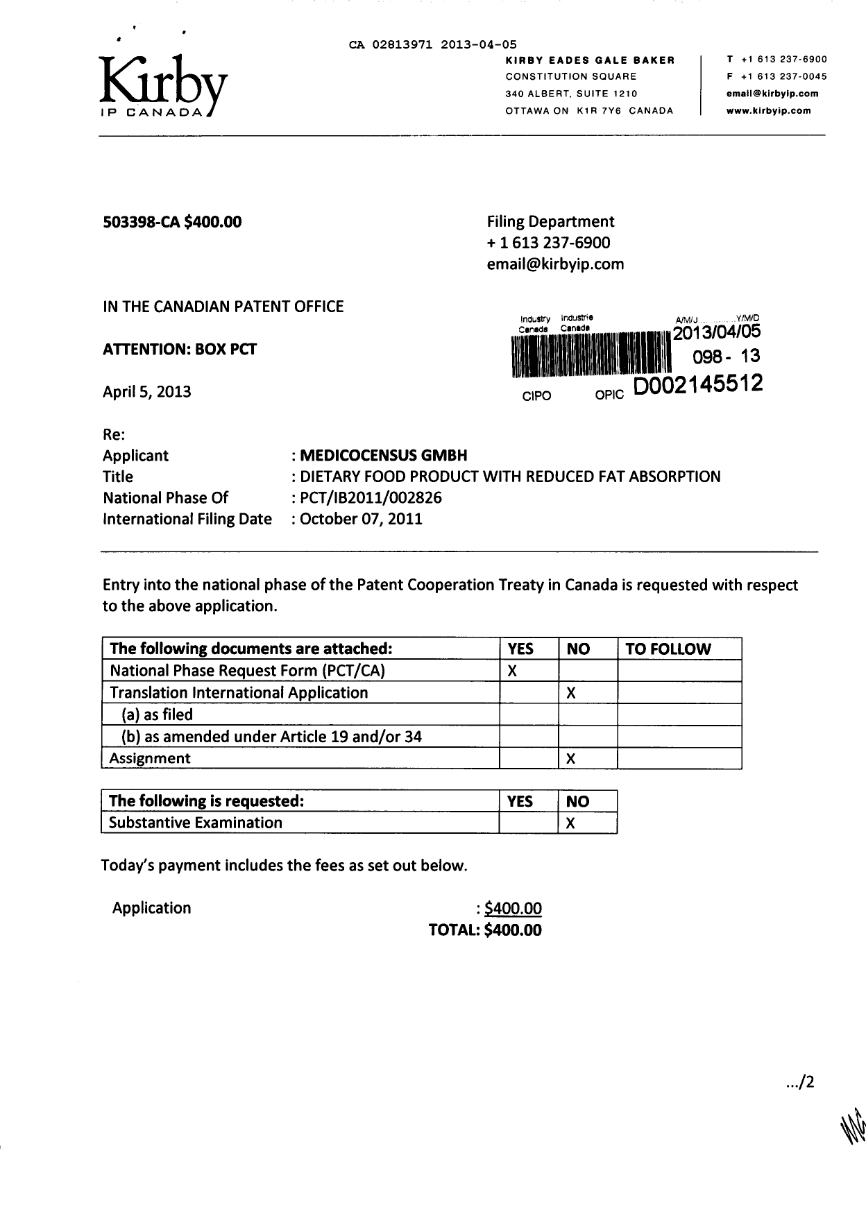 Document de brevet canadien 2813971. Cession 20130405. Image 1 de 4