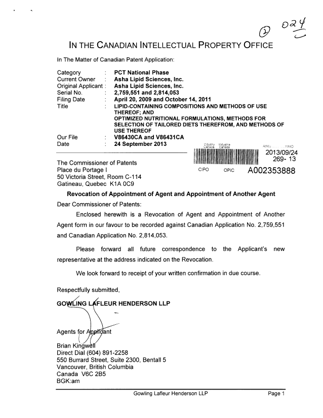 Canadian Patent Document 2814053. Correspondence 20130924. Image 1 of 2