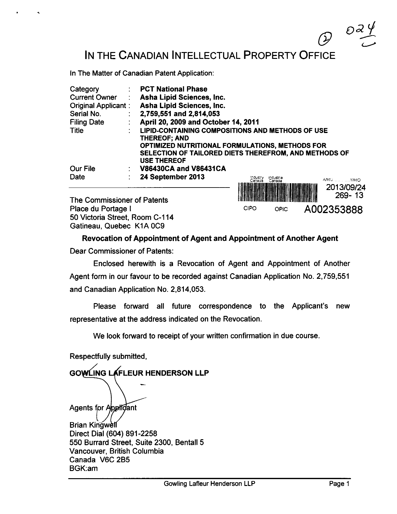 Document de brevet canadien 2814053. Correspondance 20130924. Image 1 de 2