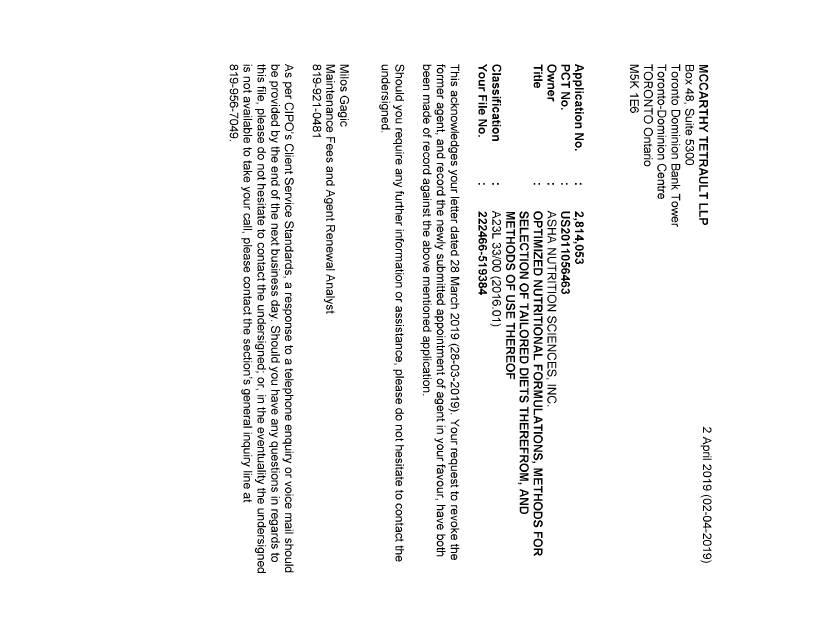 Document de brevet canadien 2814053. Lettre du bureau 20190402. Image 1 de 1