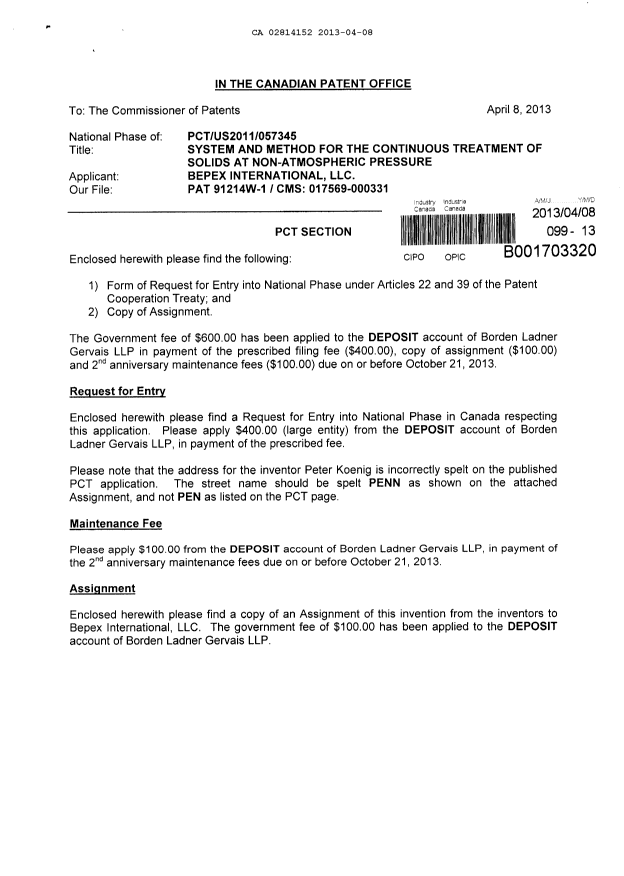 Canadian Patent Document 2814152. Assignment 20130408. Image 1 of 8