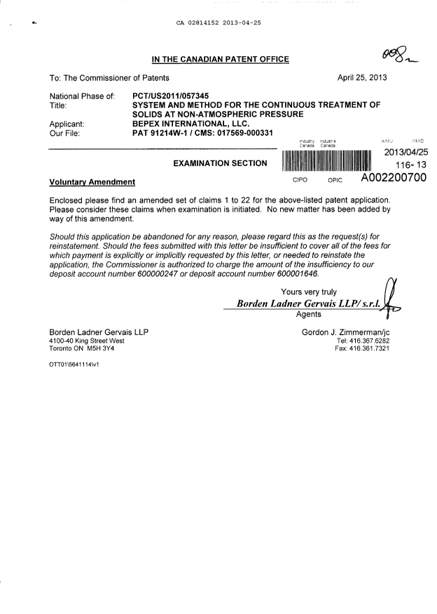 Document de brevet canadien 2814152. Poursuite-Amendment 20130425. Image 1 de 6