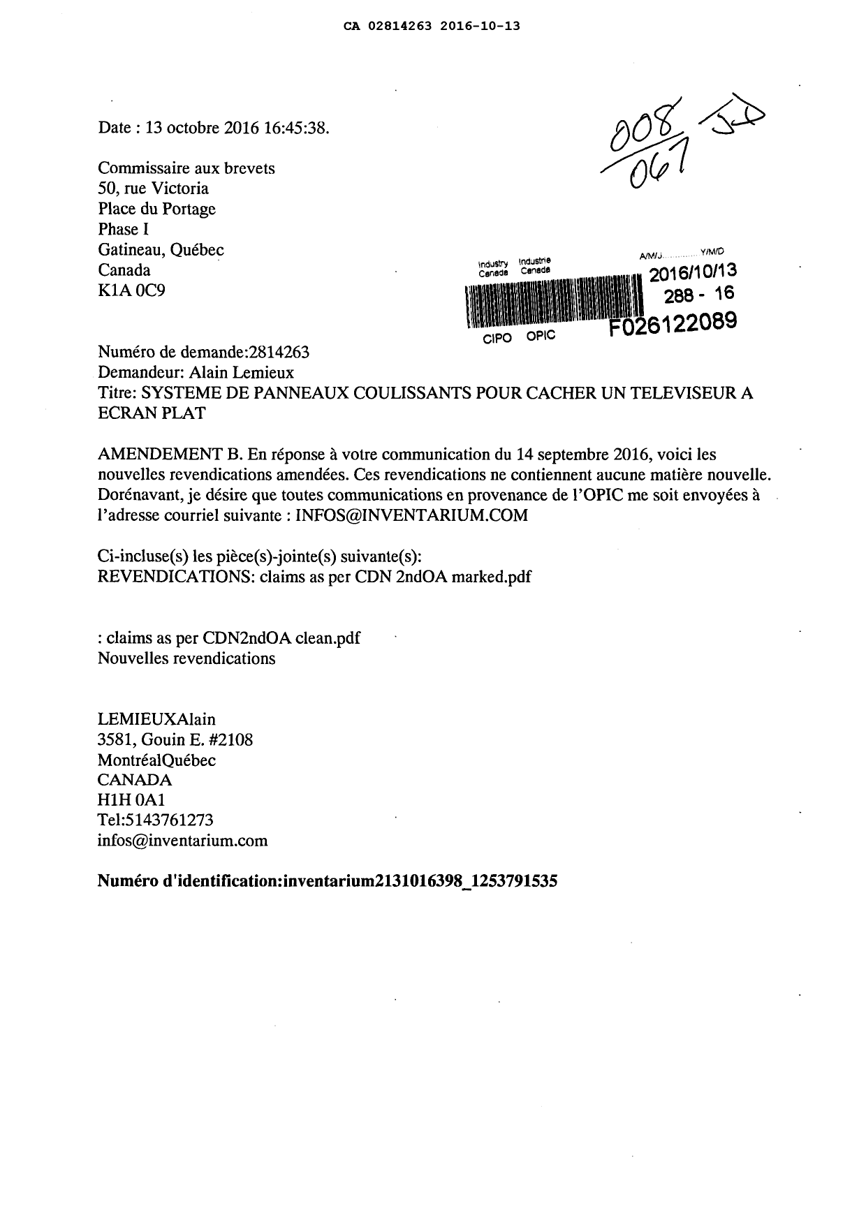 Document de brevet canadien 2814263. Correspondance 20151213. Image 1 de 1