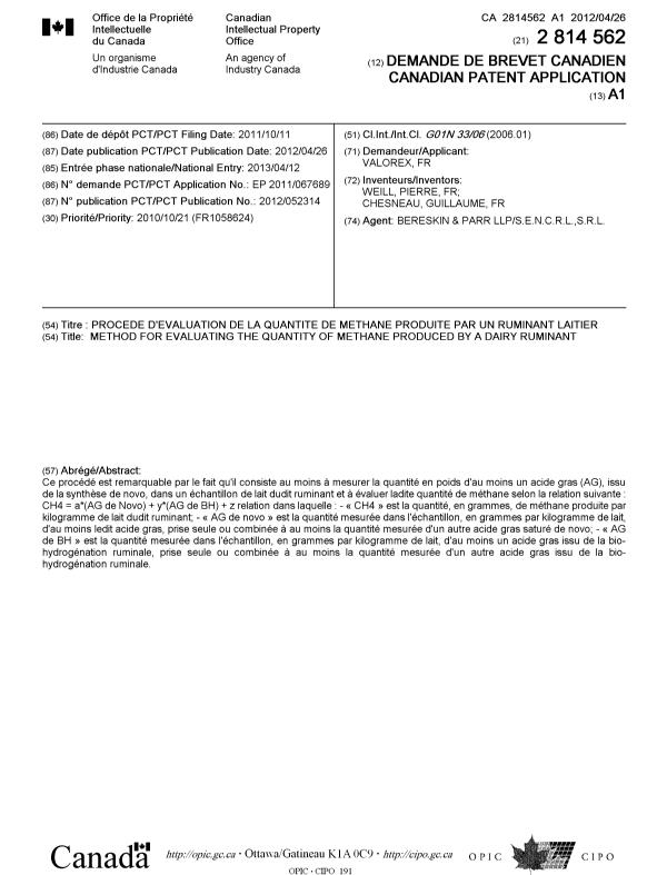 Document de brevet canadien 2814562. Page couverture 20130625. Image 1 de 1
