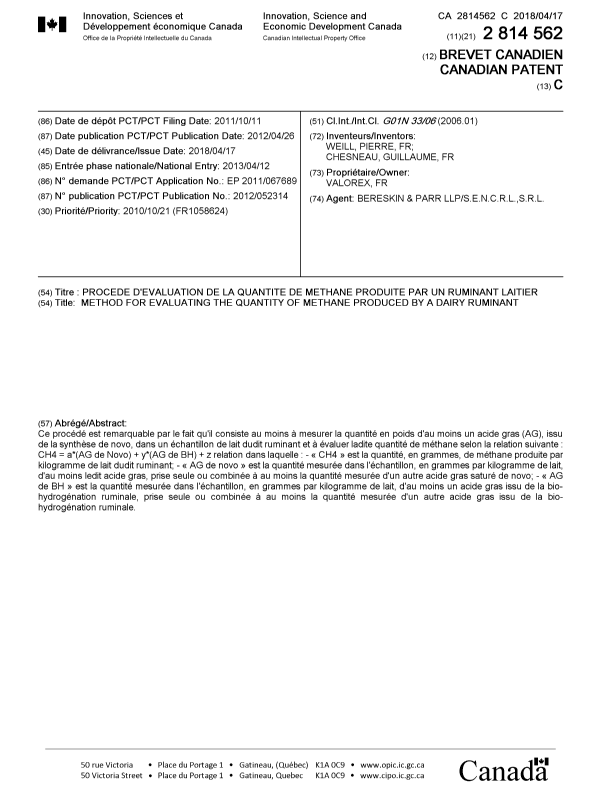 Document de brevet canadien 2814562. Page couverture 20180316. Image 1 de 1