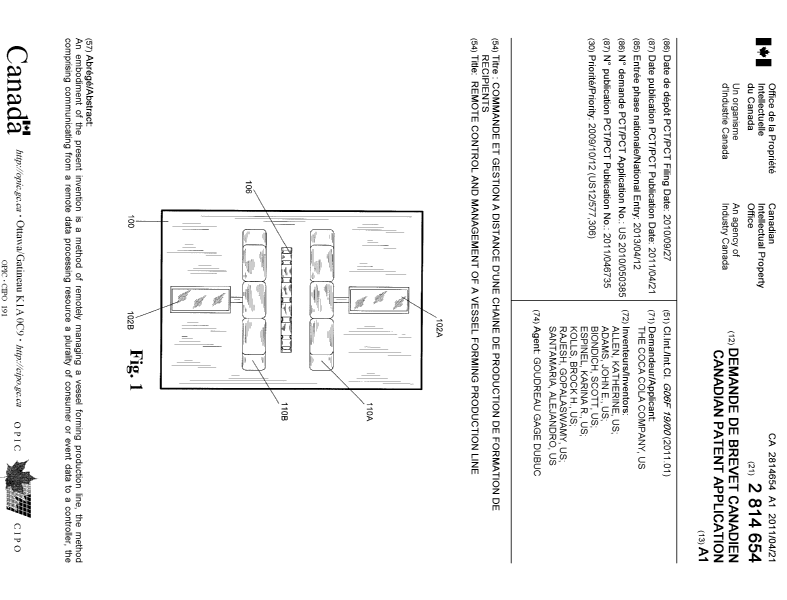 Canadian Patent Document 2814654. Cover Page 20130625. Image 1 of 2