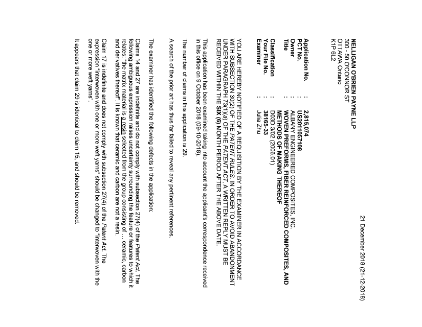 Document de brevet canadien 2815074. Demande d'examen 20181221. Image 1 de 3