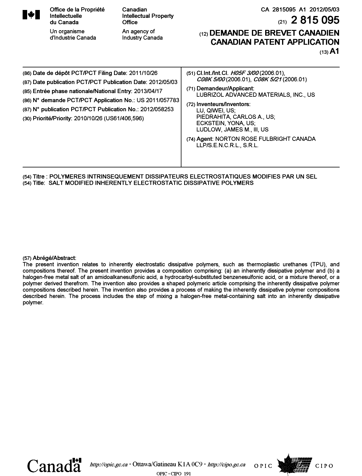 Canadian Patent Document 2815095. Cover Page 20121228. Image 1 of 1