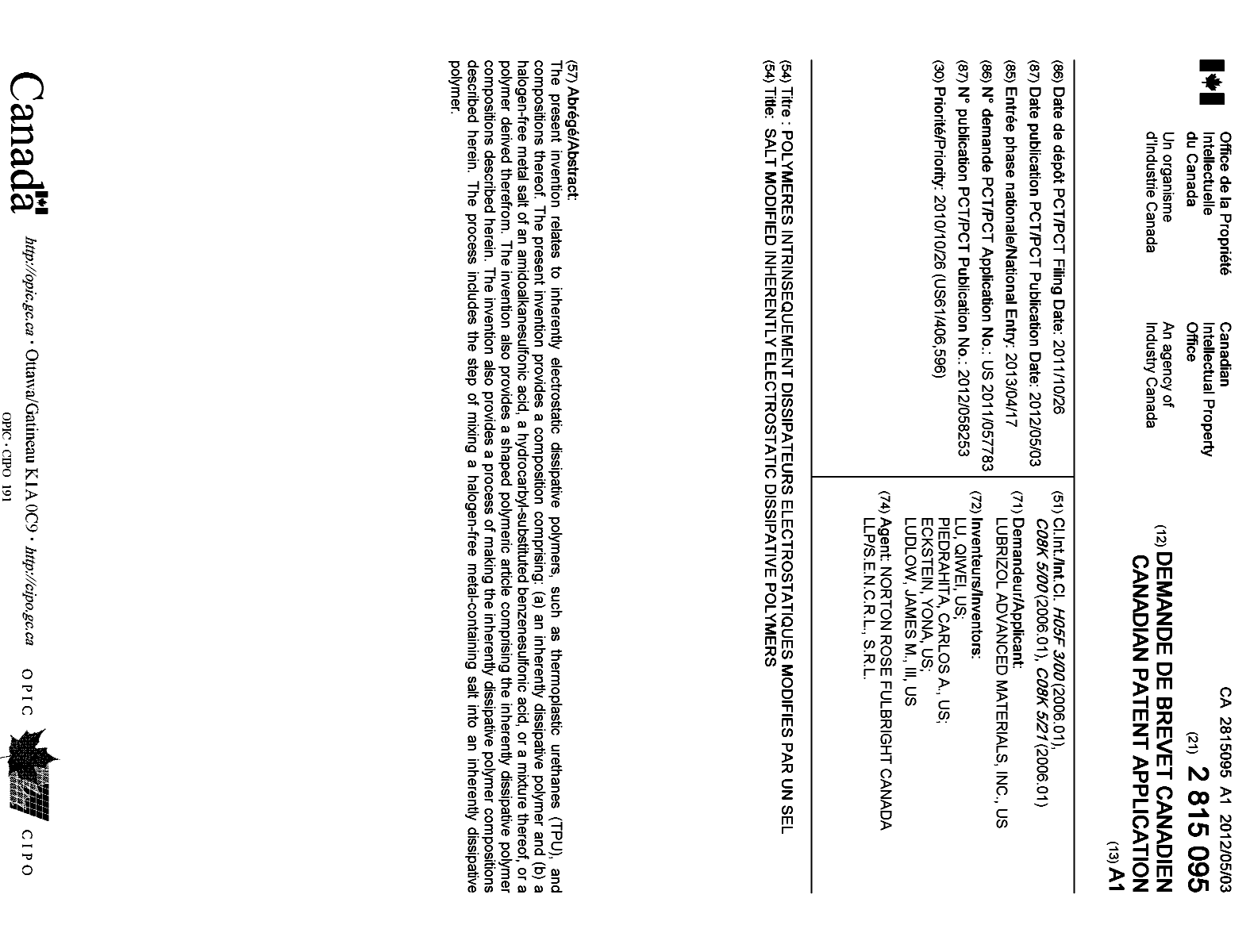 Document de brevet canadien 2815095. Page couverture 20121228. Image 1 de 1