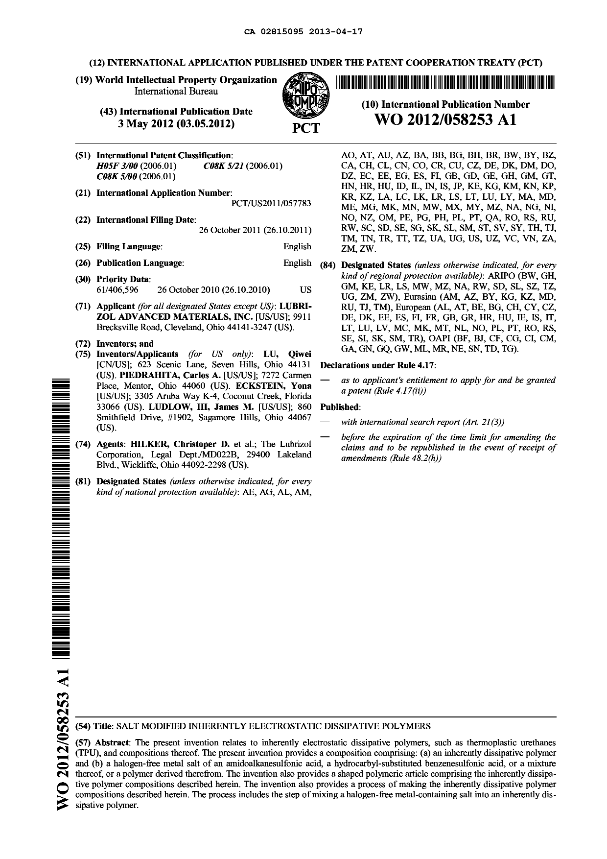 Document de brevet canadien 2815095. Abrégé 20130417. Image 1 de 1