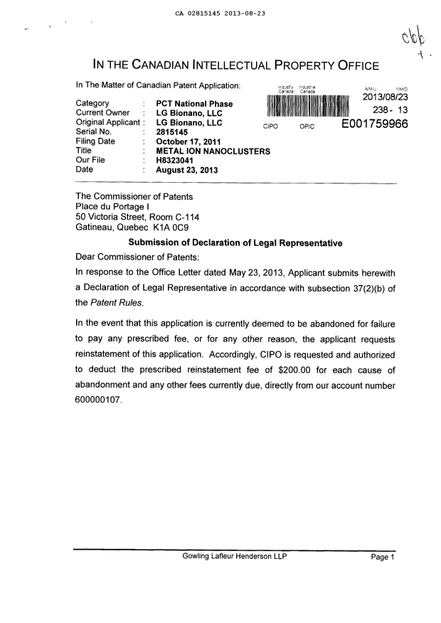 Canadian Patent Document 2815145. Correspondence 20130823. Image 1 of 4
