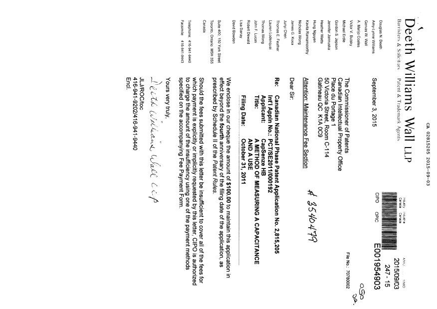 Document de brevet canadien 2815205. Taxes 20141203. Image 1 de 1