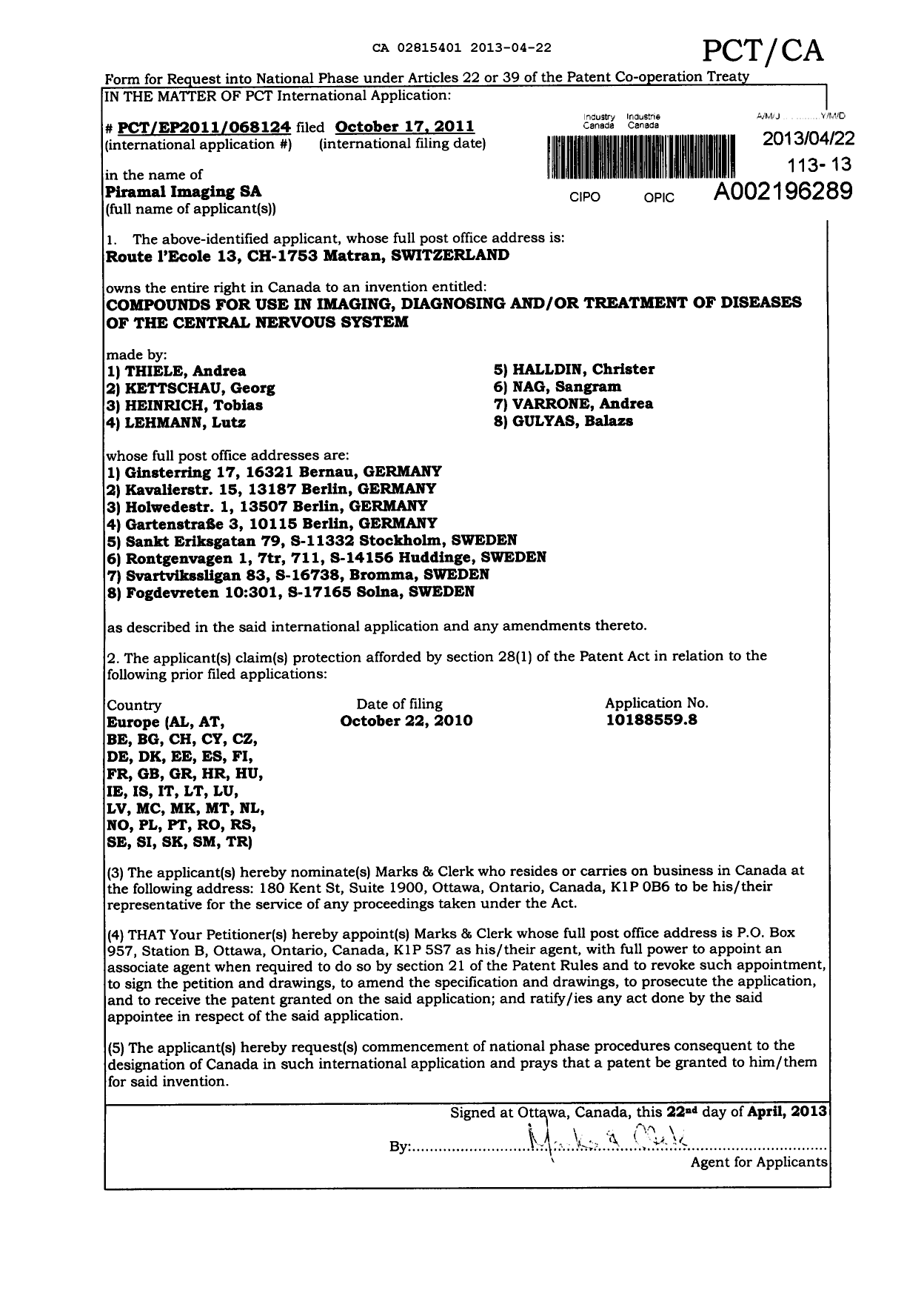 Canadian Patent Document 2815401. Assignment 20130422. Image 2 of 2
