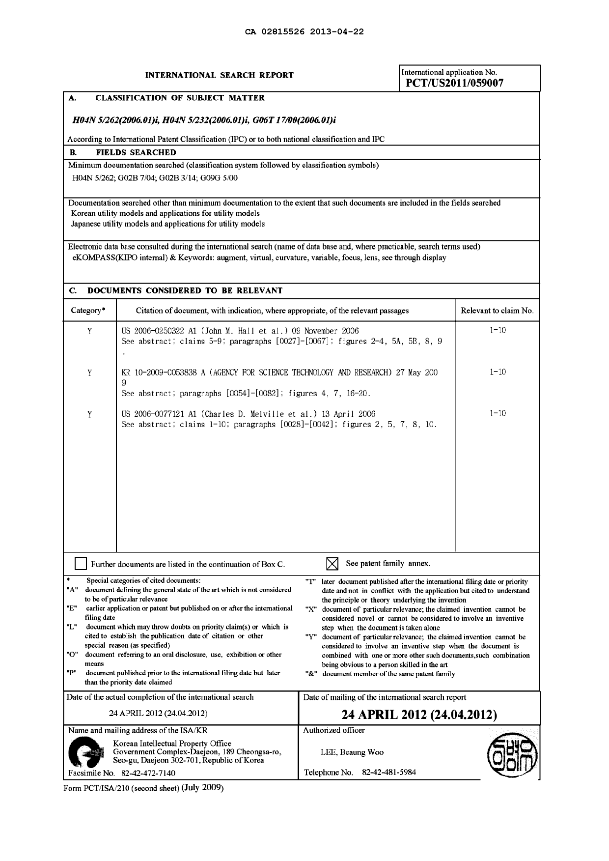 Document de brevet canadien 2815526. PCT 20130422. Image 1 de 4