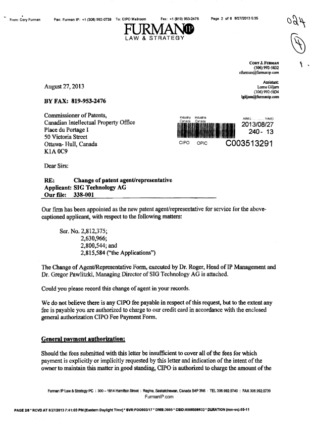 Document de brevet canadien 2815584. Correspondance 20130827. Image 1 de 5