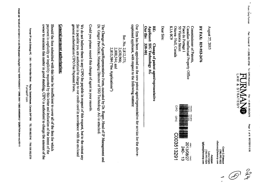 Canadian Patent Document 2815584. Correspondence 20130827. Image 1 of 5