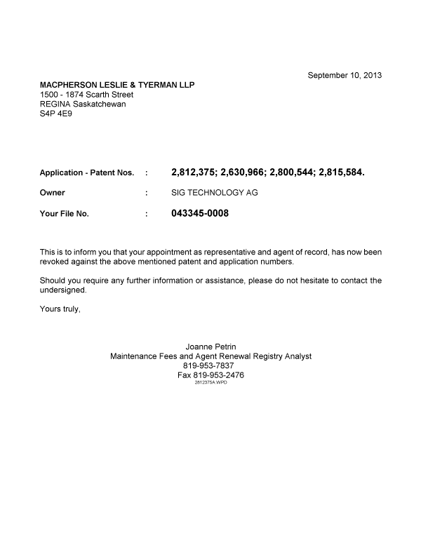 Document de brevet canadien 2815584. Correspondance 20130910. Image 1 de 1