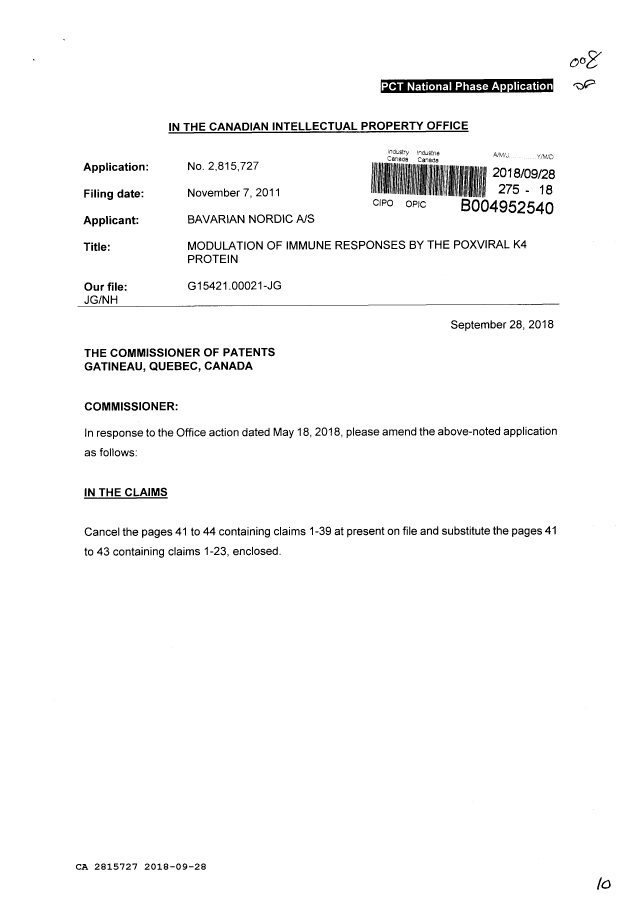 Canadian Patent Document 2815727. Amendment 20180928. Image 1 of 10