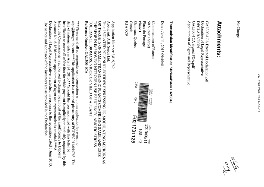 Document de brevet canadien 2815769. Correspondance 20130611. Image 1 de 4