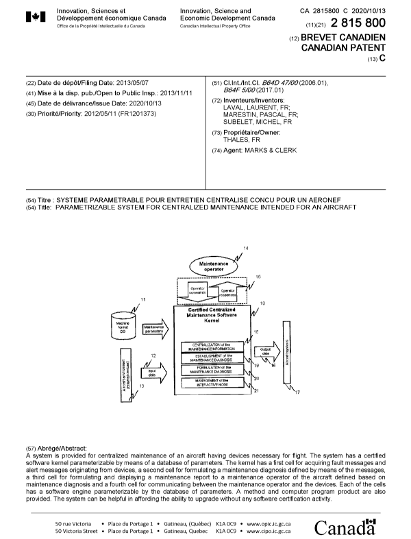 Canadian Patent Document 2815800. Cover Page 20200910. Image 1 of 1