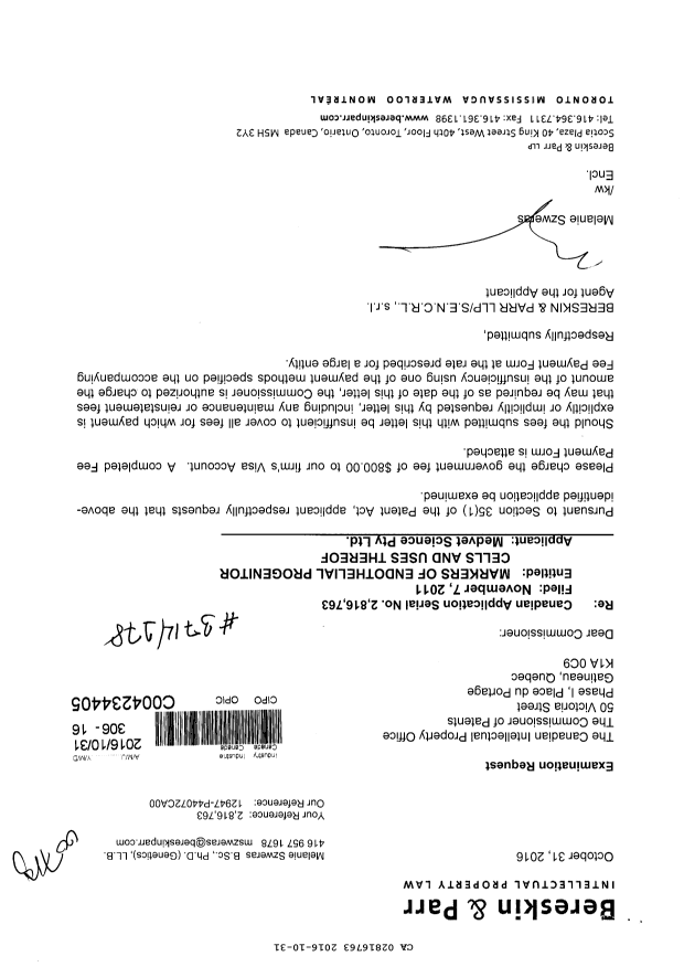 Document de brevet canadien 2816763. Poursuite-Amendment 20151231. Image 1 de 1