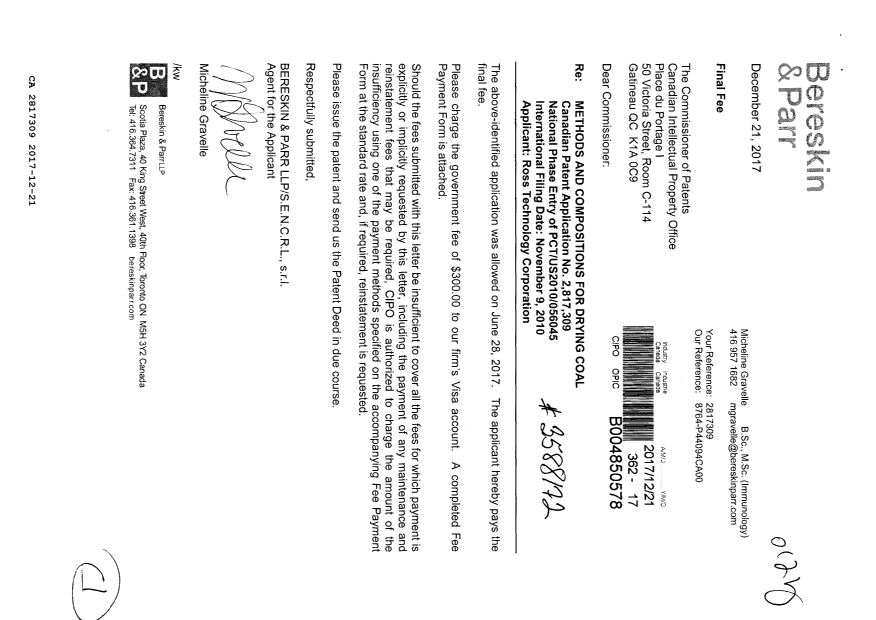 Document de brevet canadien 2817309. Correspondance 20161221. Image 1 de 1