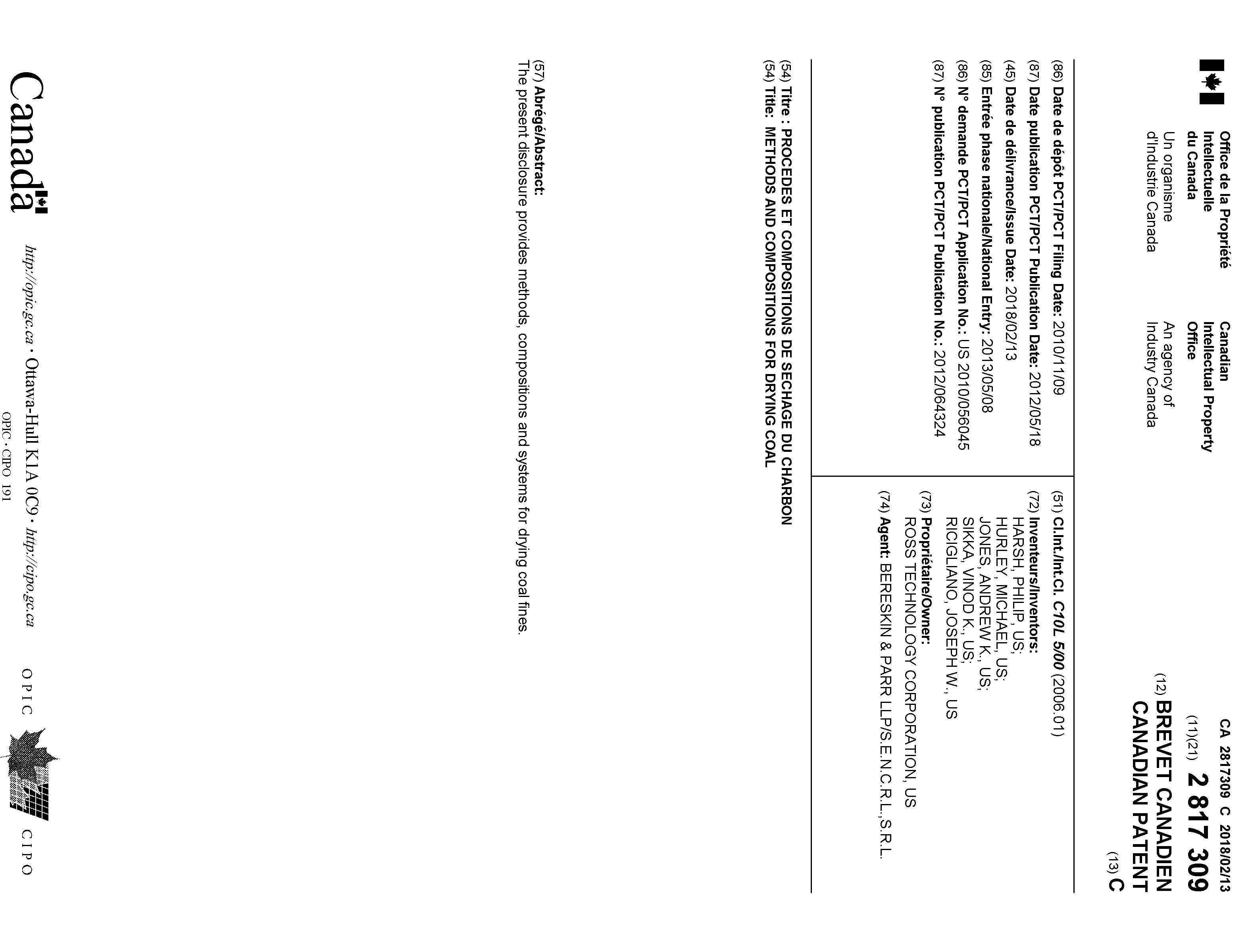 Document de brevet canadien 2817309. Page couverture 20171219. Image 1 de 1