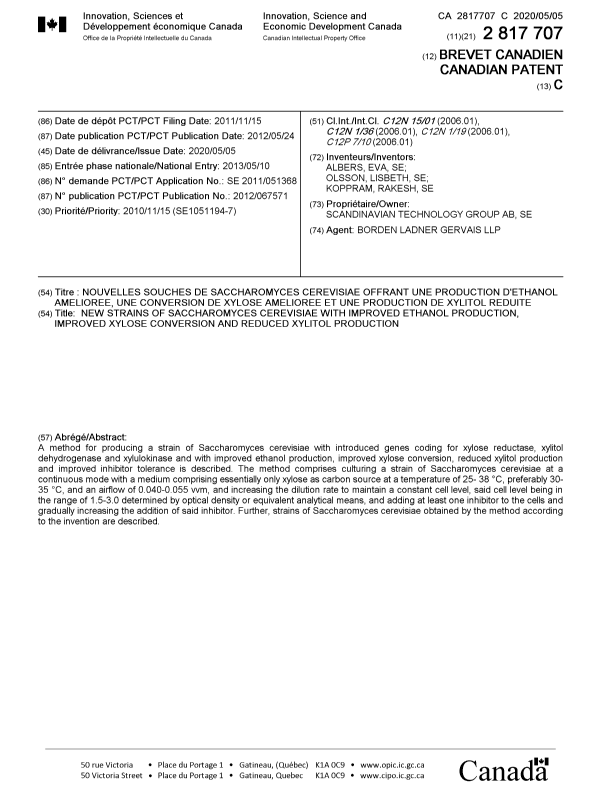 Document de brevet canadien 2817707. Page couverture 20200409. Image 1 de 1
