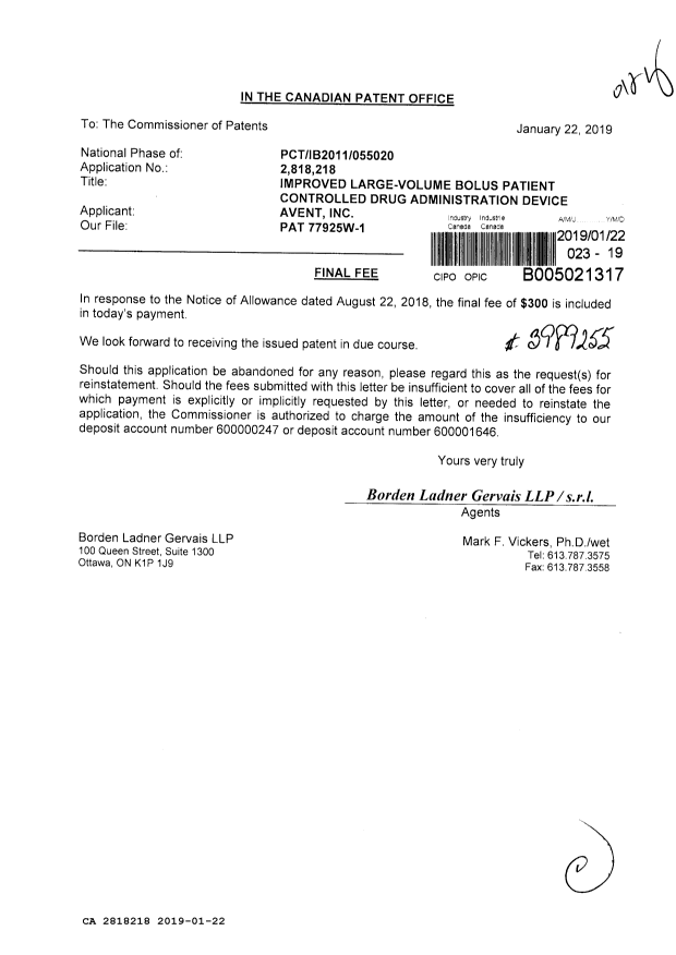 Document de brevet canadien 2818218. Taxe finale 20190122. Image 1 de 1