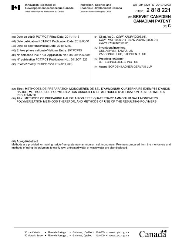 Canadian Patent Document 2818221. Cover Page 20191113. Image 1 of 1