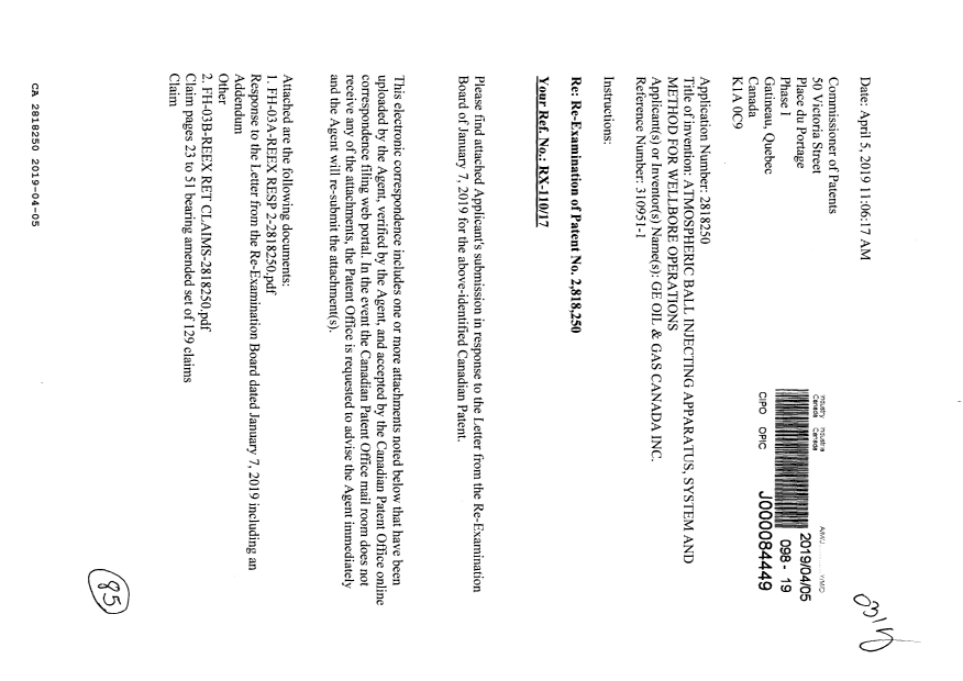 Document de brevet canadien 2818250. Lettre à la CAB 20190405. Image 1 de 85