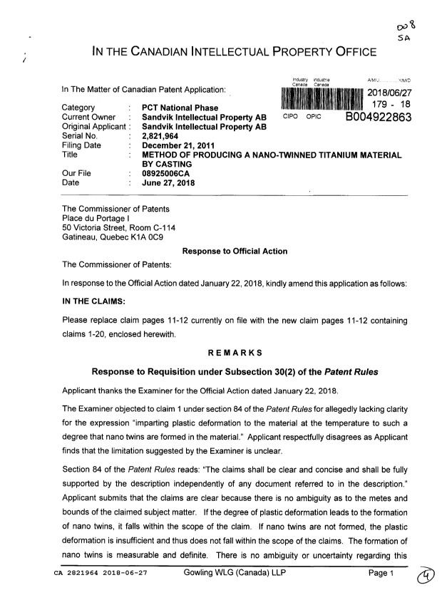 Canadian Patent Document 2821964. Amendment 20180627. Image 1 of 4
