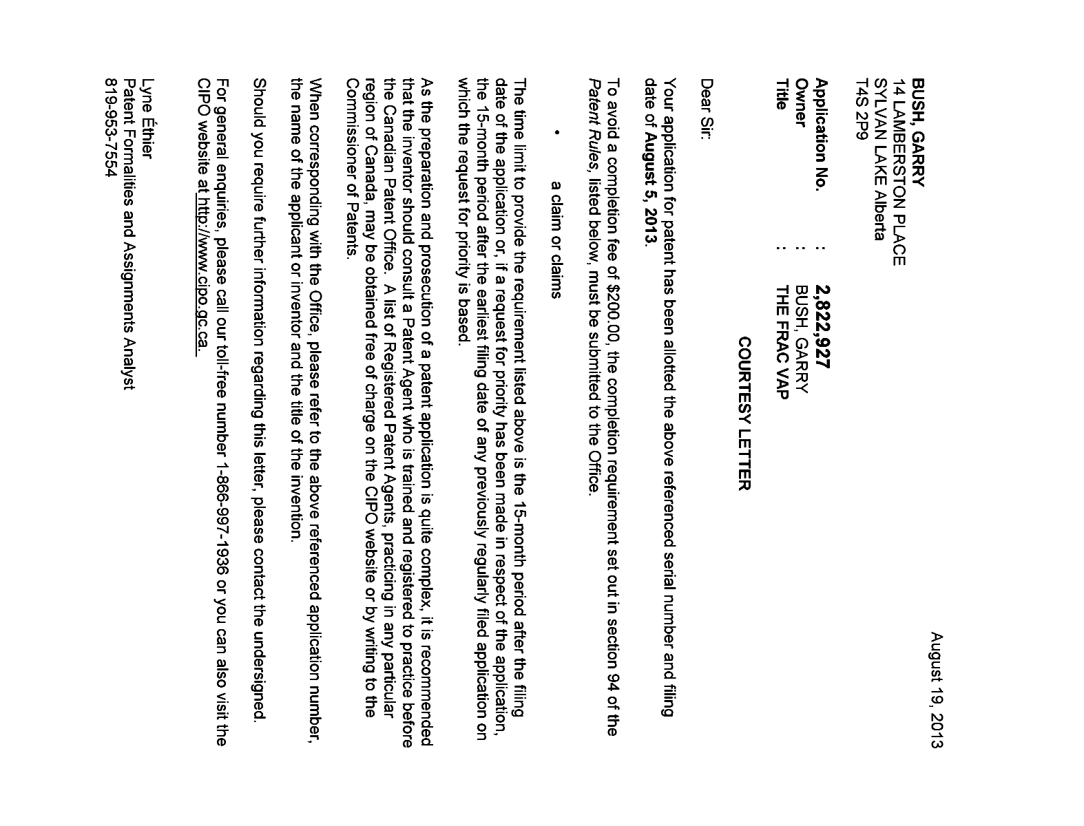 Canadian Patent Document 2822927. Correspondence 20121219. Image 1 of 1