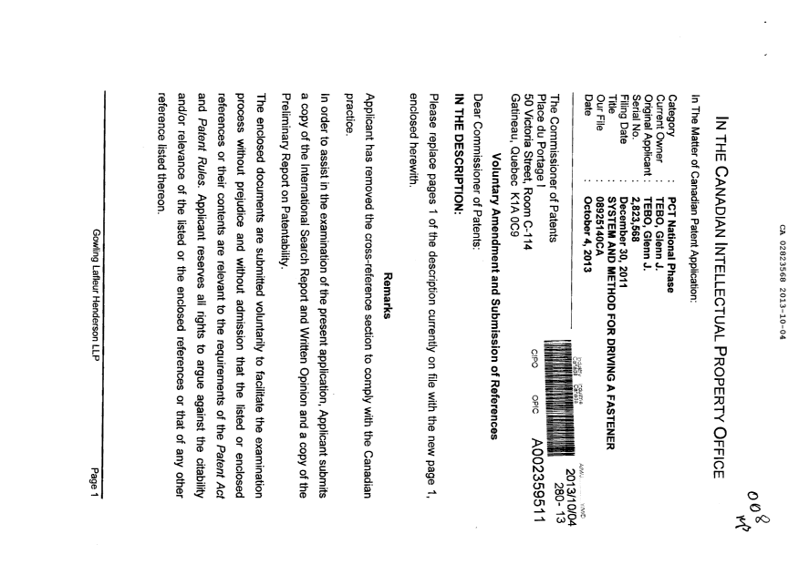 Canadian Patent Document 2823568. Prosecution-Amendment 20131004. Image 1 of 3